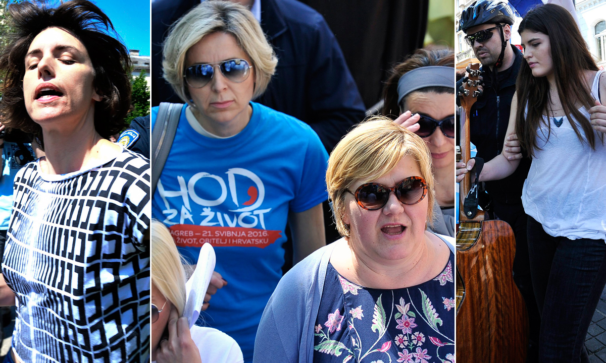 Tijekom hoda za život u kojem su sudjelovale supruga premijera Oreškovića. Sanja, i Željka Markić (u sredini fotografije) privedene su dvije umjetnice koje su stale ispred kolone