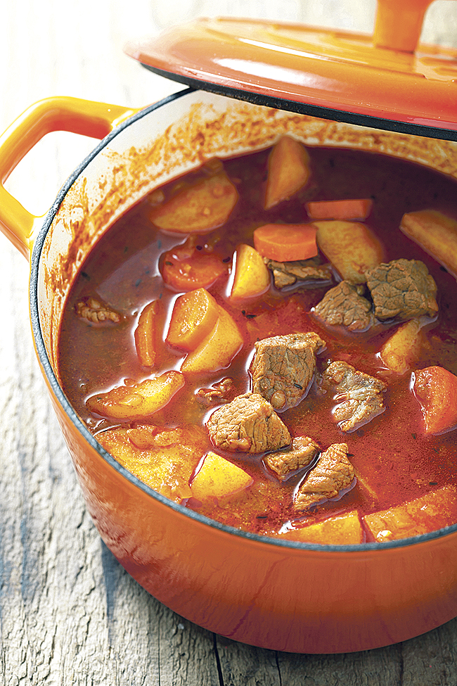 beef stew with potato and carrot in red casserole