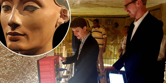 Radar scanning experts scan a wall at King Tutankhamun's burial chamber in the Valley of the Kings in Luxor, Egypt, April 1, 2016. Results of cavity scans will return within one week to produce more details of what lies beyond Egypt's boy-king Tutankhamun's tomb walls, the Egyptian Minister of Antiquities Khaled El Enany said on Friday. REUTERS/Sayed Sheasha