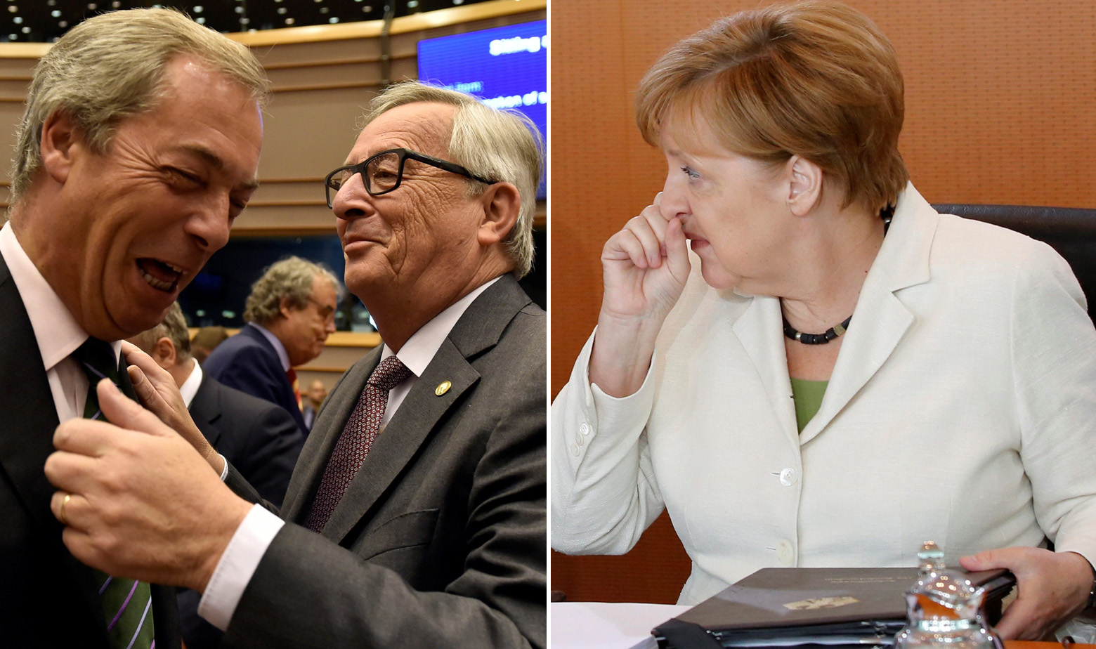 Nigel Farage, Jean-Claude Juncker i Angela Merkel