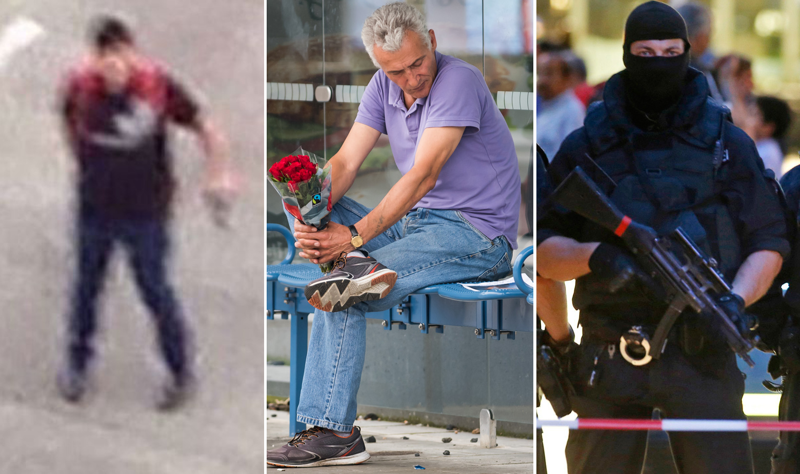 Napadač David Ali Sonboly, policajac Naima Zabergje kojem je u napadu smrtno stradao sin, te njemački specijalac