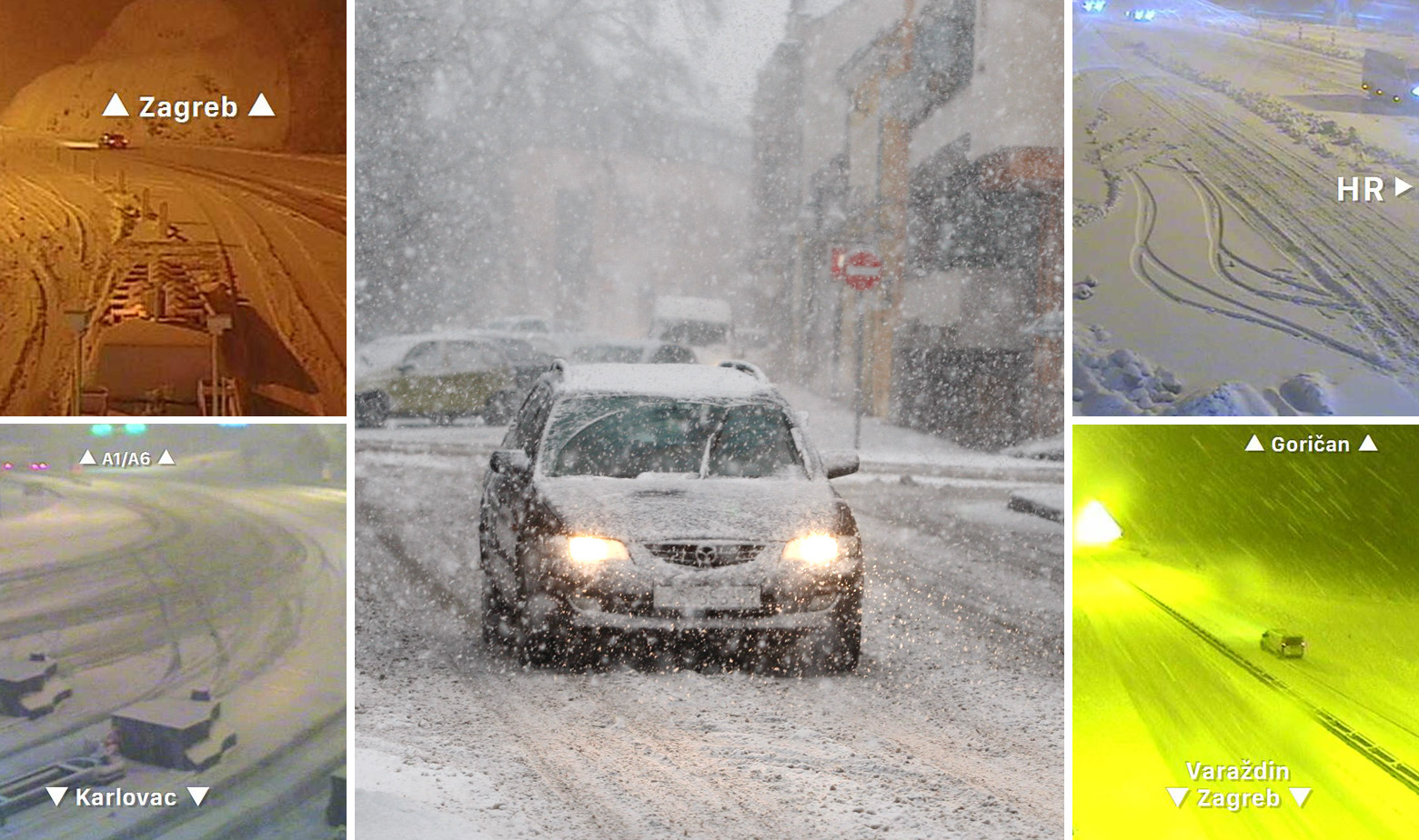 Središnja fotografija - Varaždin; Lijeva strana, s gore prema dolje -  Macelj i Karlovac; Desna strana, s gore prema dolje - Macelj i Novi Marof  