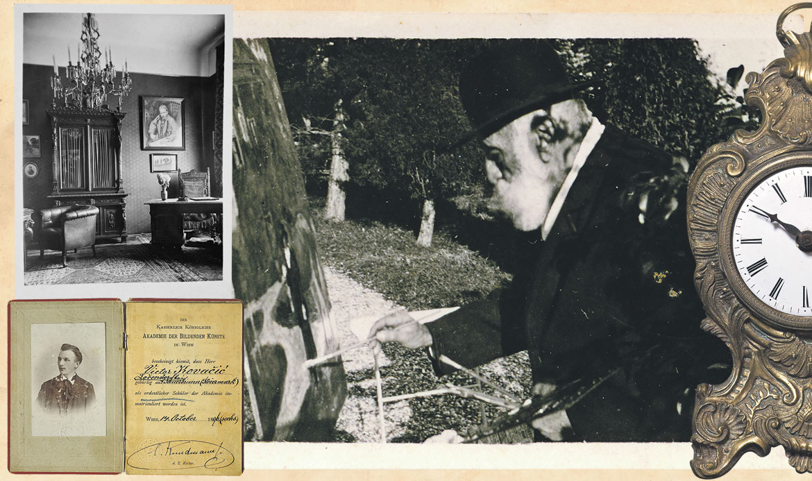 interijer radne sobe arhitekta Lava Kalde na čijem zidu je portret arhitekta, koji je izradio Tomislav Krizman (lijevo gore), Indeks arhitekta Viktora Kovačića na Akademiji likovnih umjetnosti u Beču (lijevo dolje); Isidor Kršnjavi, povjesničar umjetnosti, slikar i ministar koji je ostavio veliki trag, u vrtu kuće u Istarskoj ulici: autor snimke nije utvrđen, a pretpostavlja se da ga je snimila njegova supruga Štefa Kršnjavi oko 1925. godine (centar); Samostojeći sat iz Zbirke Stahuljak trenutačno posuđen za izložbu u MSU (desno)