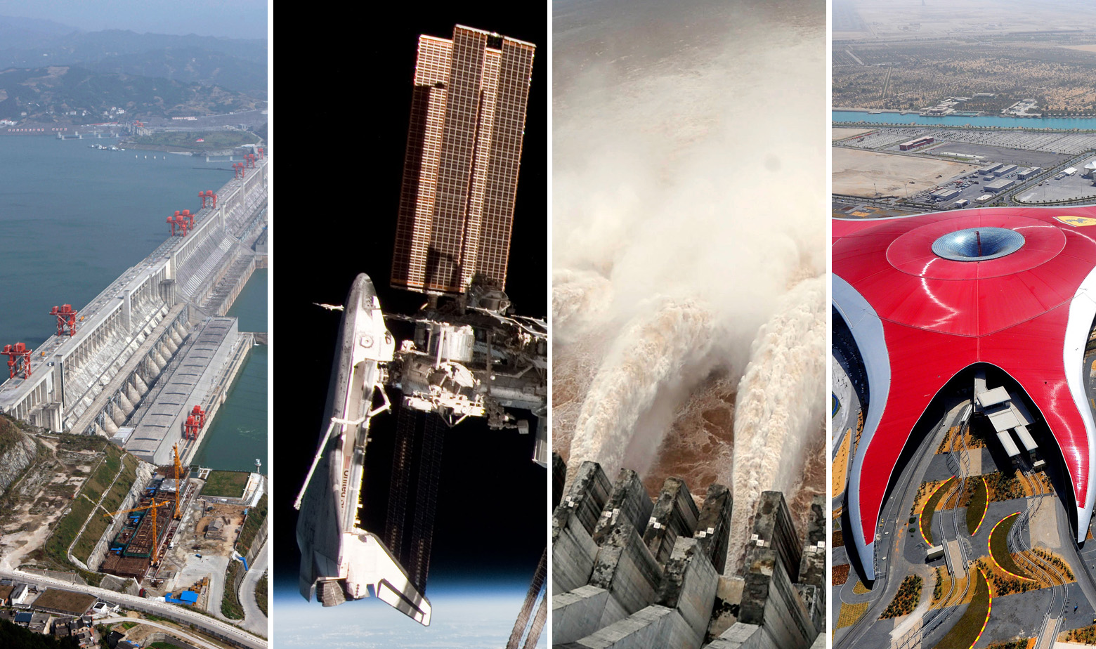 S lijeva na desno: Hidroelektrana Tri klanca iz zraka / Međunarodna svemirska postaja / hidroelektrana Tri klanca / Ferrari World