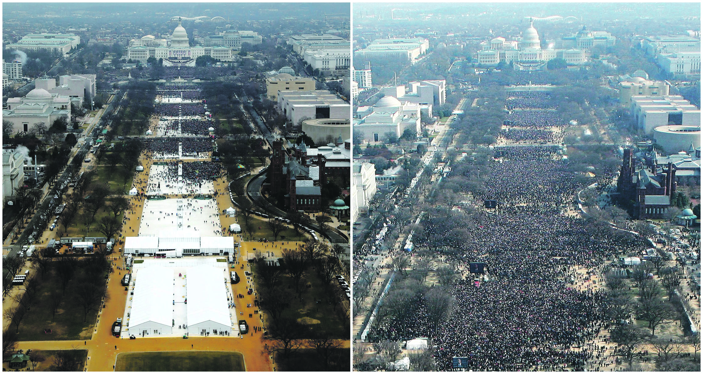 
Usporedba slika s inauguracija, Trumpove (lijevo) i prve Obamine (desno), izazvala je bijes predsjednika čiji su suradnici krenuli tražiti sve moguće modele kojima bi potvrdili da je on u pravu, a da su novinari u krivu