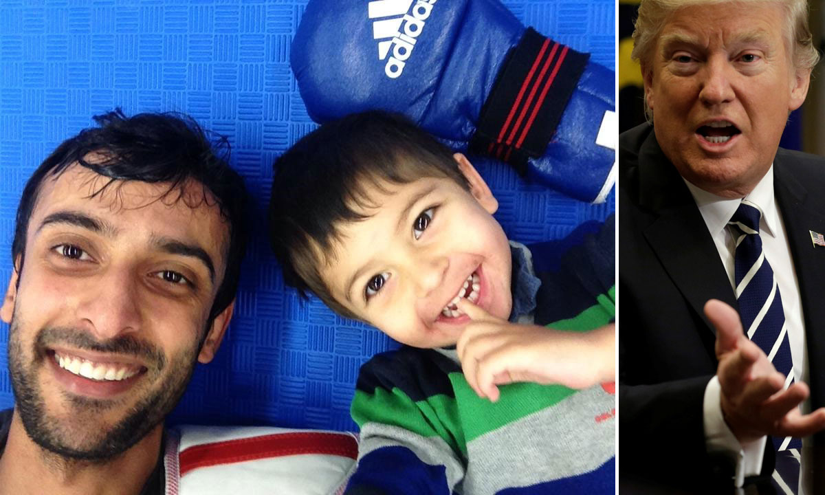 Lijevo: Meisam s trogodišnjim sinom Manijem, desno: Donald Trump