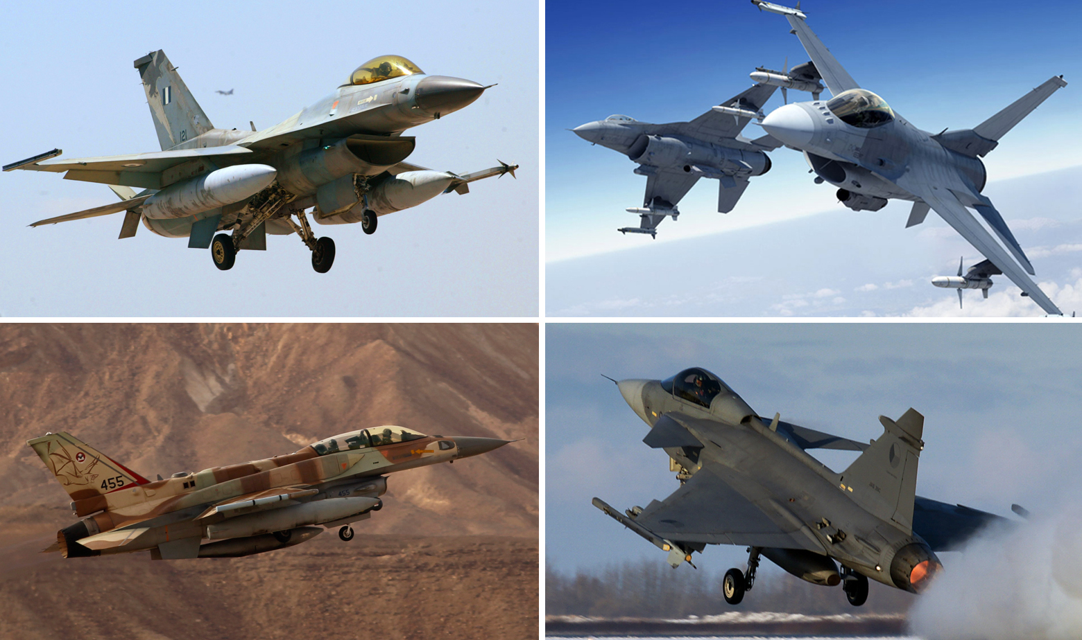 Gore: Grčki F-16 (lijevo) i F-16 Block 70 koji nude Amerikanci.
Dolje: Izraleski F-16I Sufa i Gripen C Čeških zračnih snaga.