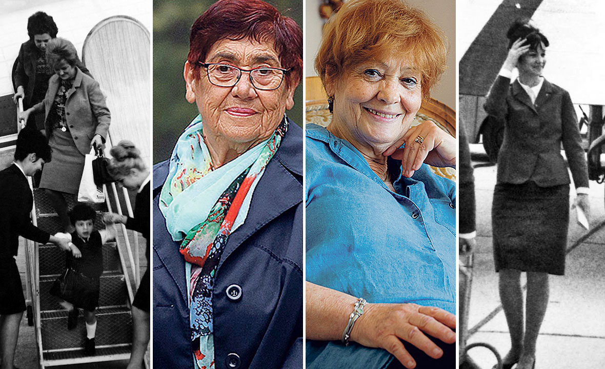 Irma Sinovčić bila je prisutna kada je prvi avion sletio u Split, a radila je i u duty free shopu: nekad (skroz lijevo) i danas (lijevo). Vjeročka Perišić, prva službena stjuardesa koja je radila u Zračnoj luci Split nekad (skroz desno) i danas (desno)