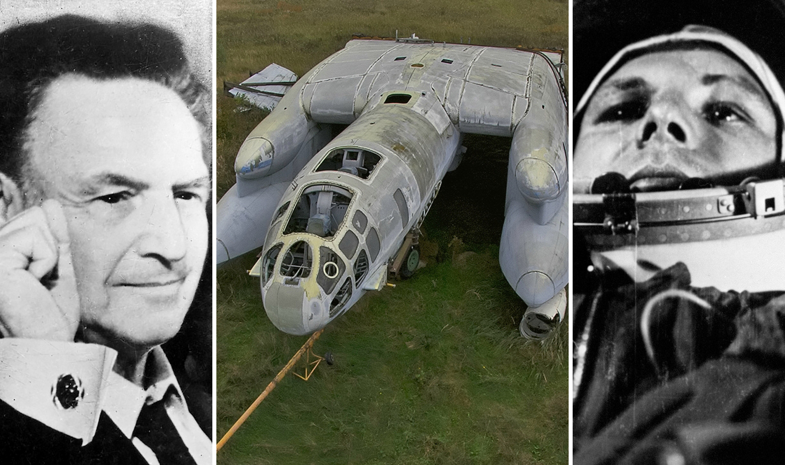 S lijeva na desno: Robert Bartini, hidroavion VVA-14, Jurij Gagarin 