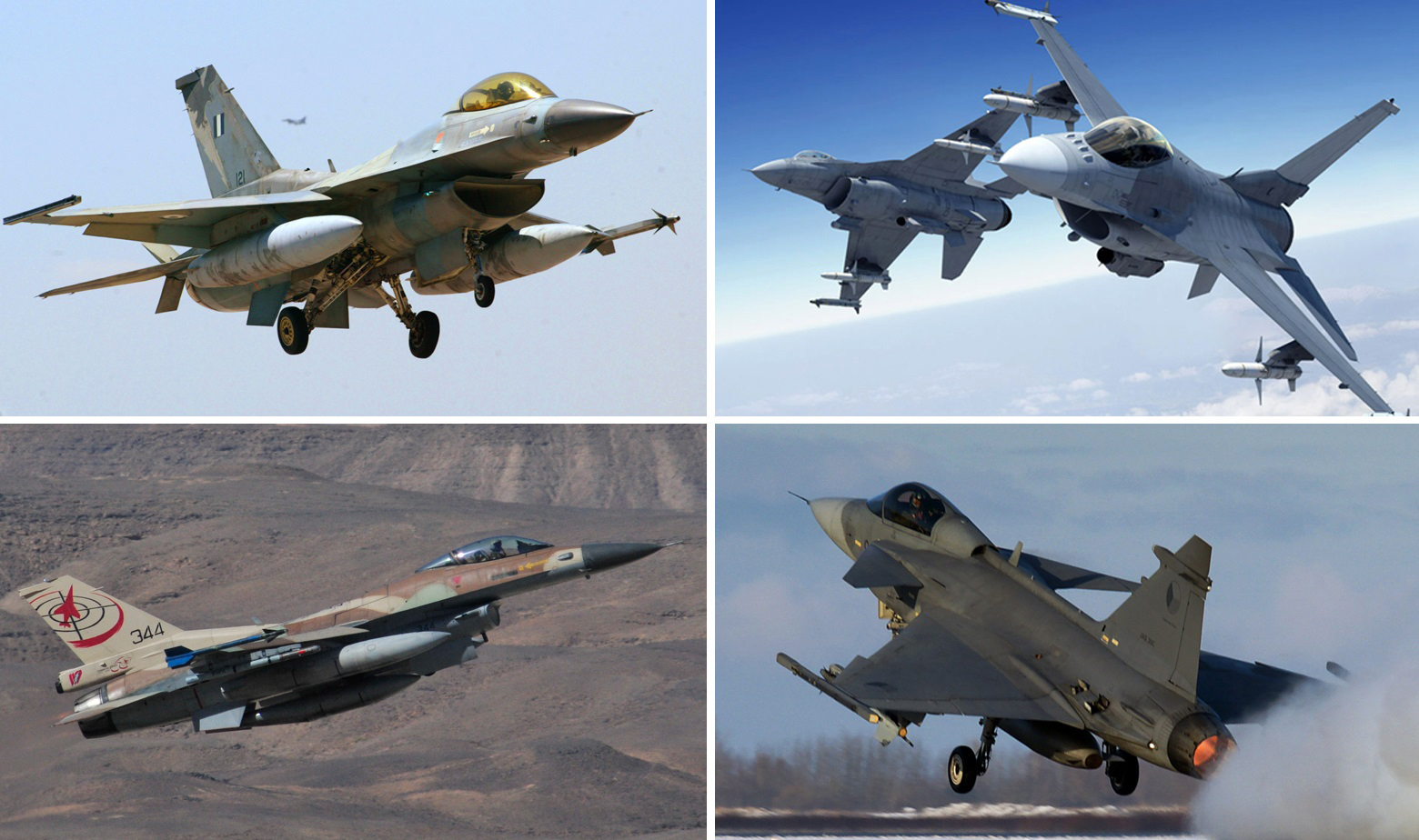 Gore: Grčki F-16 (lijevo) i F-16 Block 70 koji nude Amerikanci.
Dolje: Izraleski F-16 Barak i Gripen C Čeških zračnih snaga.