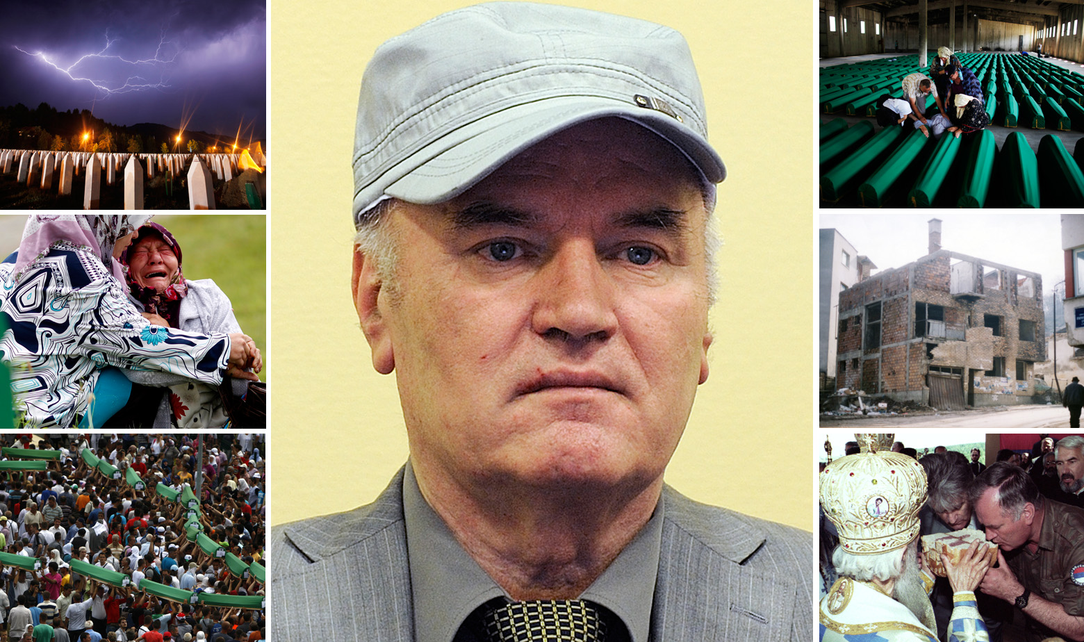 Ratko Mladić u sredini (2012.) i dolje desno s Radovanom Karadžićem i patrijarhom SPC-a Pavlom (1995.). Ostale fotografije iz Srebrenice i Memorijalnog centra Potočari 