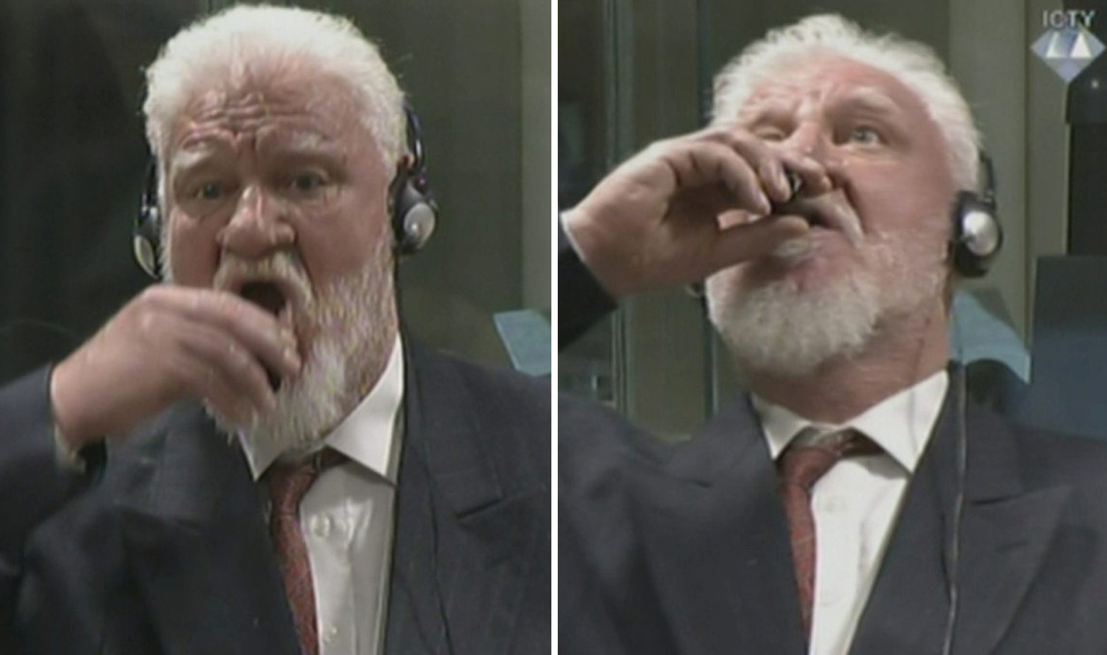 Slobodan Praljak pije nešto iz čašice tijekom izricanja presude pred Haškim tribunalom 