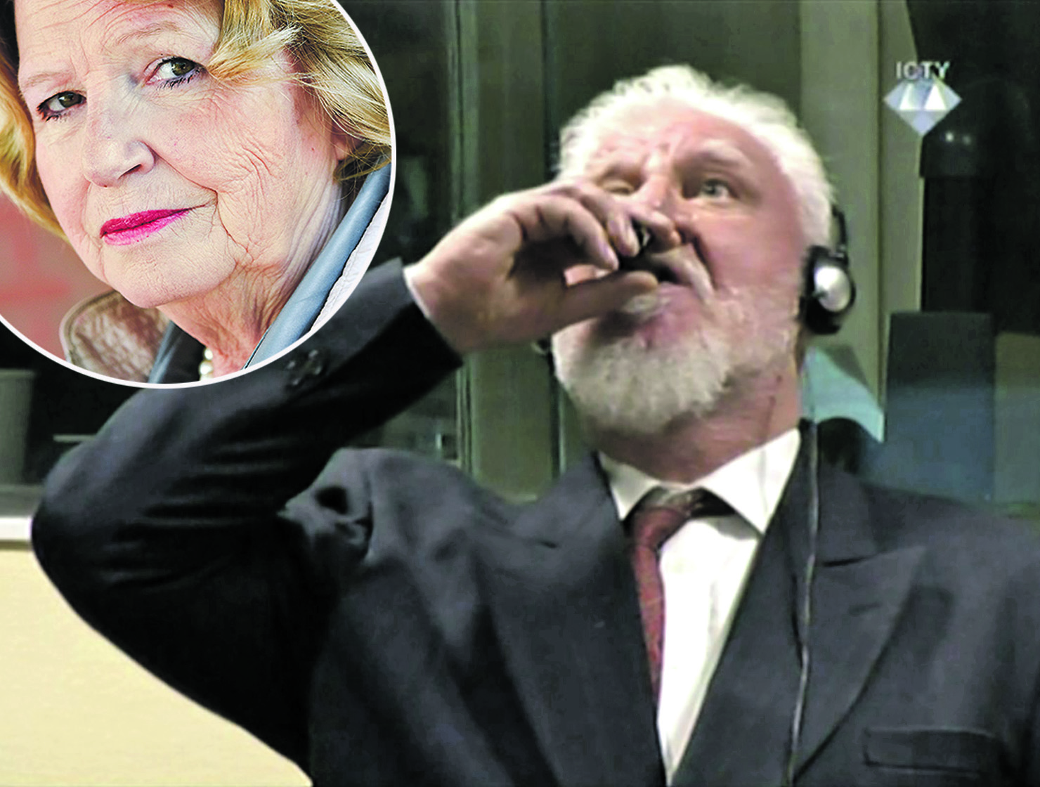 U krugu: odvjetnica Nika Pinter. Na fotografiji: Trenutak kad je Slobodan Praljak popio otrov kojim je počinio samoubojstvo