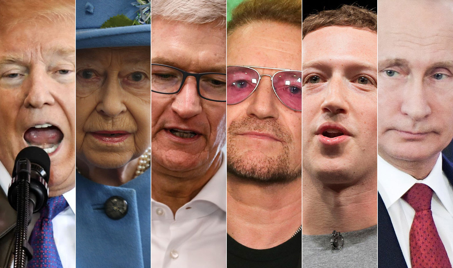 Donald Trump, Elizabeta II., Tim Cook, Bono Vox, Mark Zuckerberg, Vladimir Putin