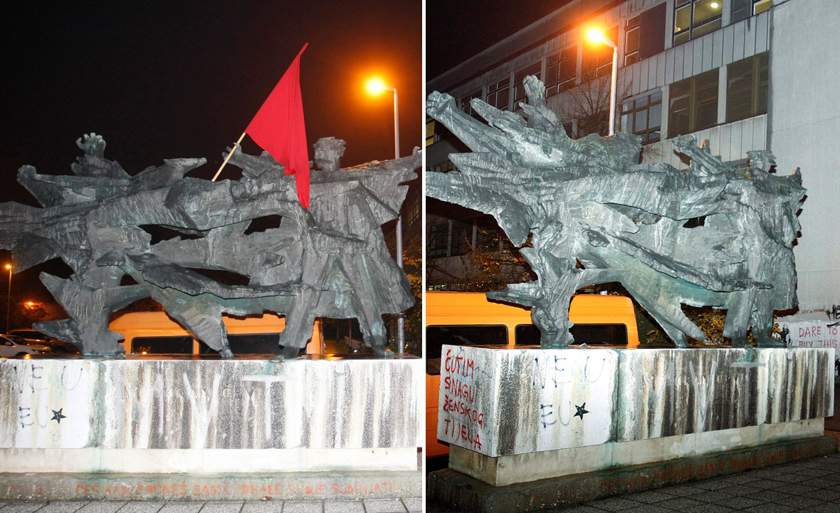 Spomenik s postavljenom zastavom (lijevo) i nakon skidanja zastave (desno)