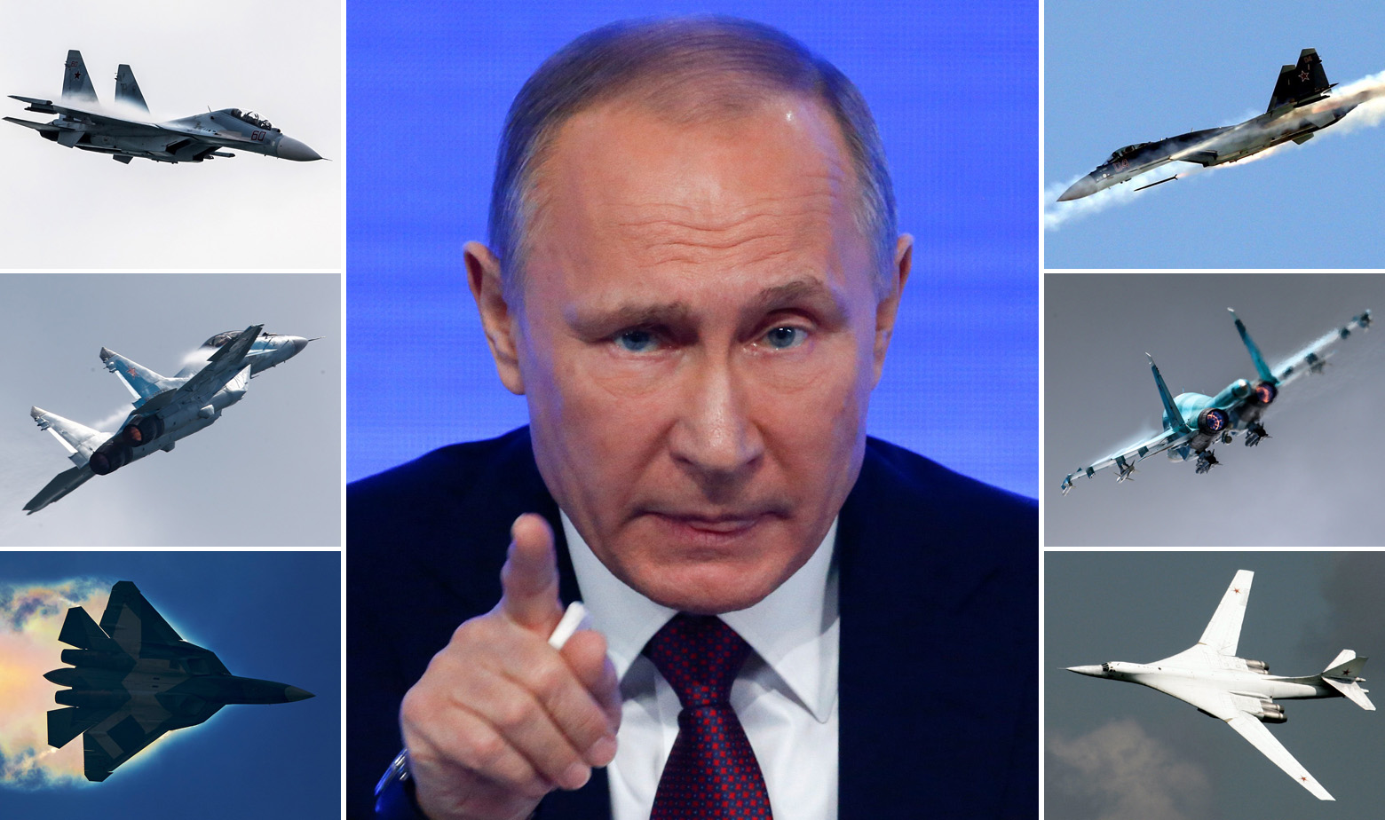 Lijevo, od gore prema dolje: Suhoj Su-30SM, MiG 35, prototip Suhoja Su-57. Desno, od gore prema dolje: Suhoj Su-35S, Suhoj Su-34, Tupoljev T-160