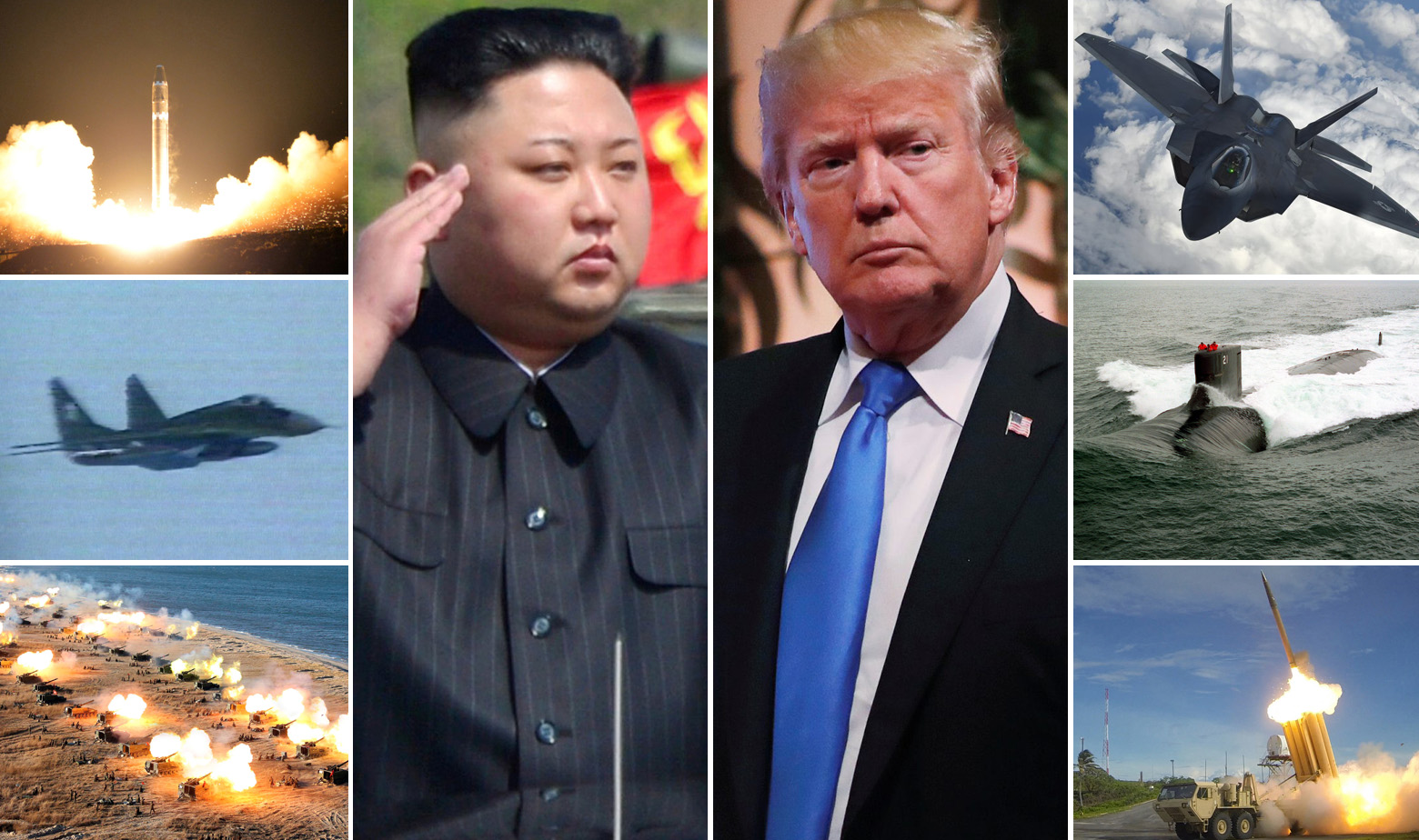Lijevo, gore prema dolje: Balistički projektil Hwasong 15, sjevernokorejski MiG 29 i sjevernokorejska artiljerija tijekom vježbe. U sredini: Kim Jon-un i Donald Trump. Desno, gore prema dolje: F-22 Raptor, nuklearna podmornica klase Seawolf i raketni sustav Thaad 