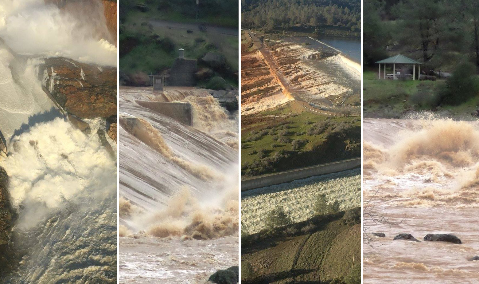 Slike preljeva glavnog i pomoćnog preljeva brane Oroville i rijeke u koju istječe voda iz umjetnog jezera iznad brane