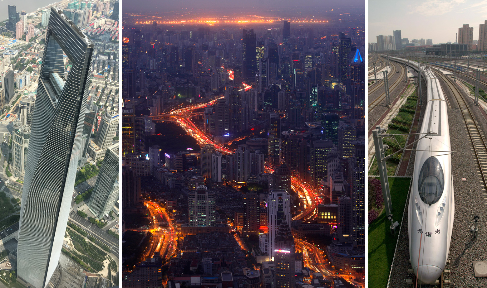 S lijeva na desno: Svjetski financijski centar u Shanghaiju (zgrada i pogled sa zgrade noču) i kineski brzi vlak Harmony skroz desno 