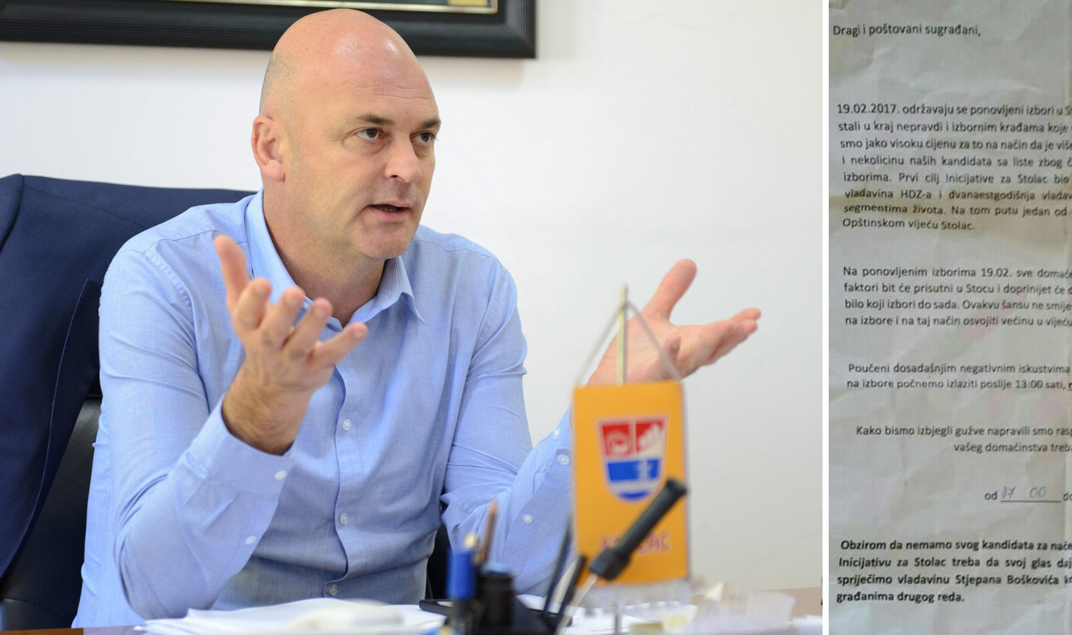 Stjepan Bošković i letak na kojem se poziva građane da ne glasaju za njega
