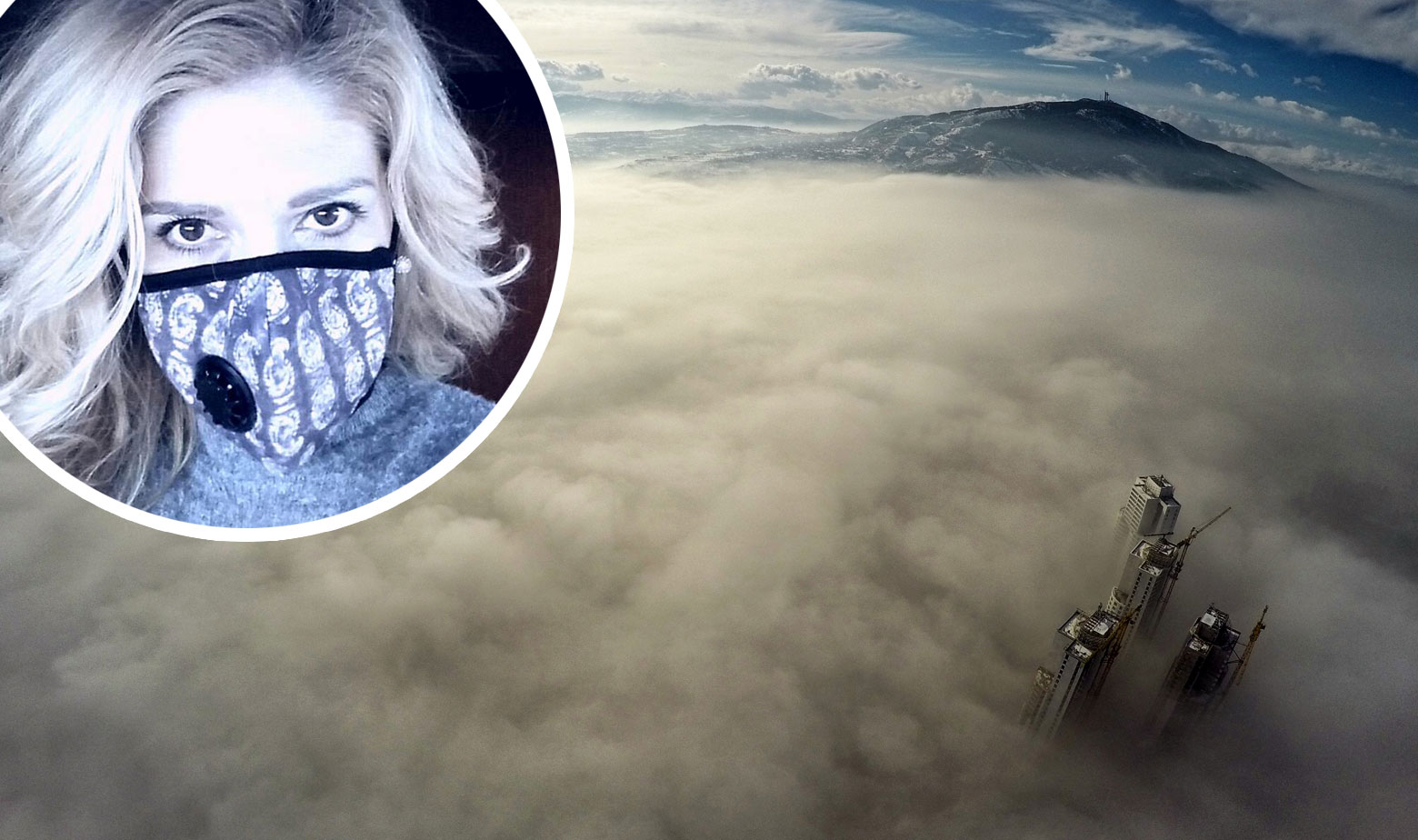 Samo par nebodera izviruje iz smoga koji je prekrio Skopje. U krugu: Rebeka Jankovska Risteski