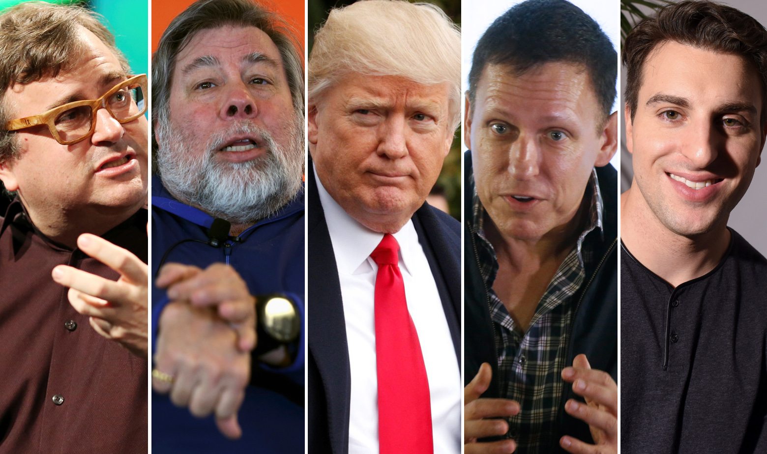 S lijeva na desno: Reid Hoffman, suosnivač LinkedIna, Steve Wozniak, suosnivač Applea, Donald Trump, Peter Thiel, suosnivač PayPala i Brian Chesky CEO Airbnb-a