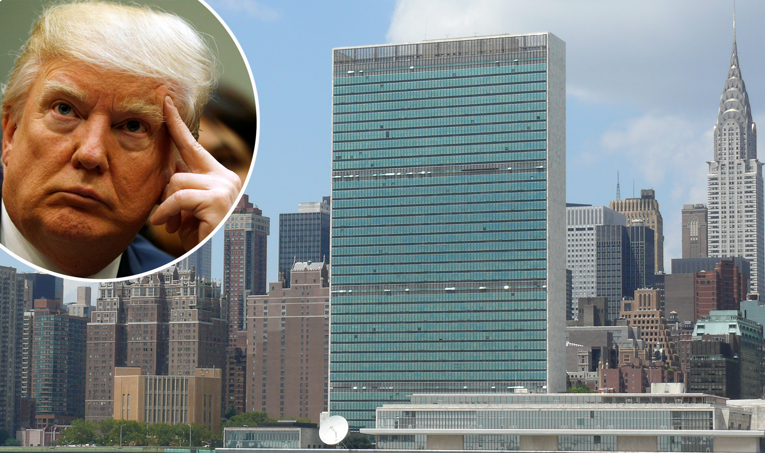 Donald Trump i zgrada UN-a u pozadini 