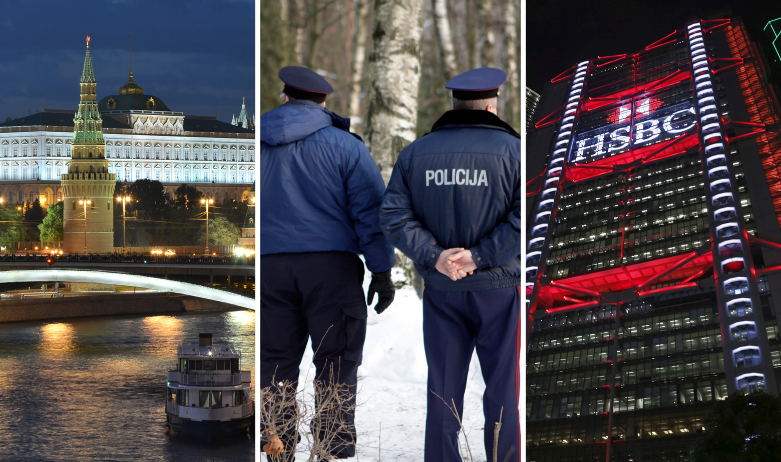 S lijeva na desno: Moskovski kremlj, latvijska policija i zgrada HSBC banke u Hong Kongu