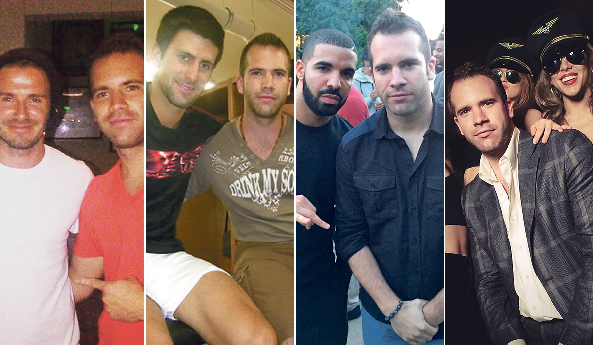 S lijeva na desno: Saša Dević s Beckhamom, Đokovićem, Drakeom, skupinom hostesa