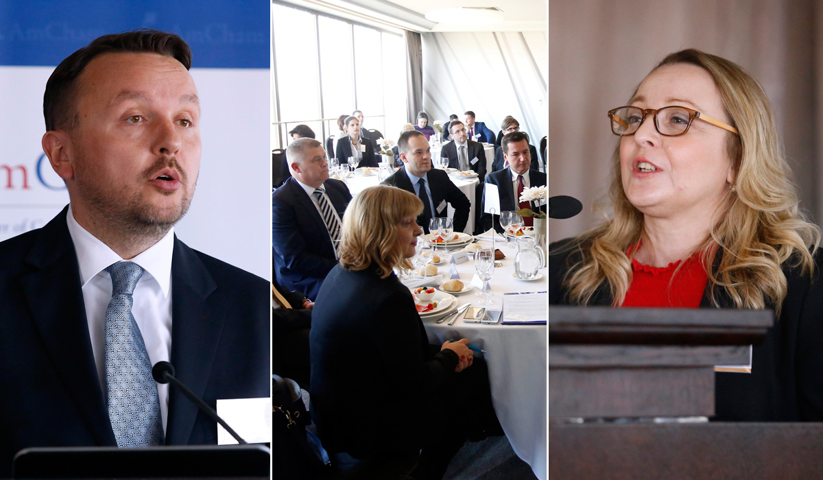 Berislav Horvat, predsjednik AmCham-a, sudionici konferencije, Andrea Doko Jelušić, izvrsna direktorica AmCham-a