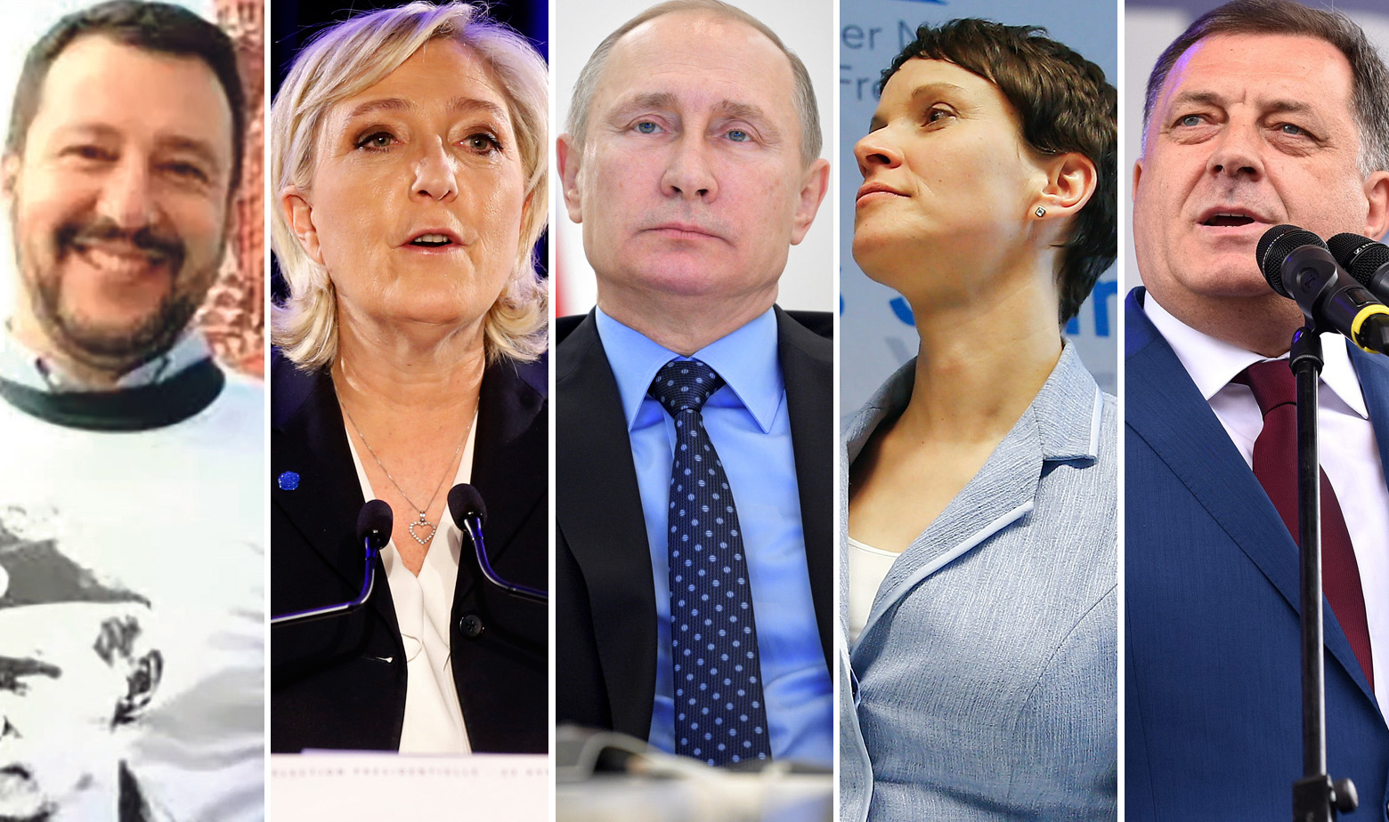 S lijeva na desno: Matteo Salvini (Lega Nord), Marine Le Pen (Front National), Vladimir Putin, Frauke Petry (AfD) i Milorad Dodik 