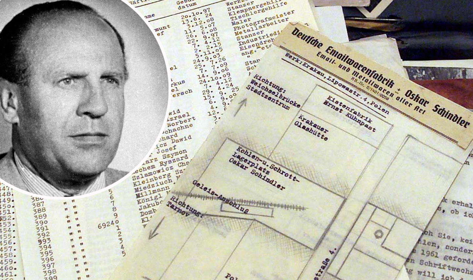 Oskar Schindler i originalni primjerak liste s više od 1200 imena poljskih Židova, od kojih je Schindler većinu spasio