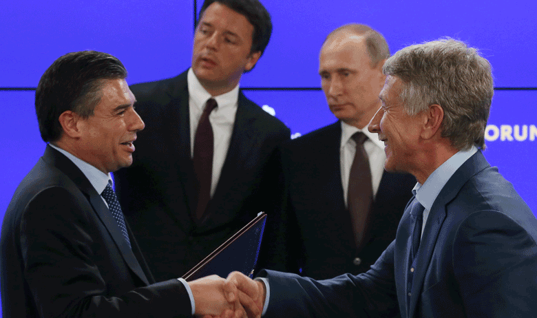 Bivši talijanski premijer Matteo Renzi, ruski predsjednik Vladimir Putin i Leonid Miheljson 