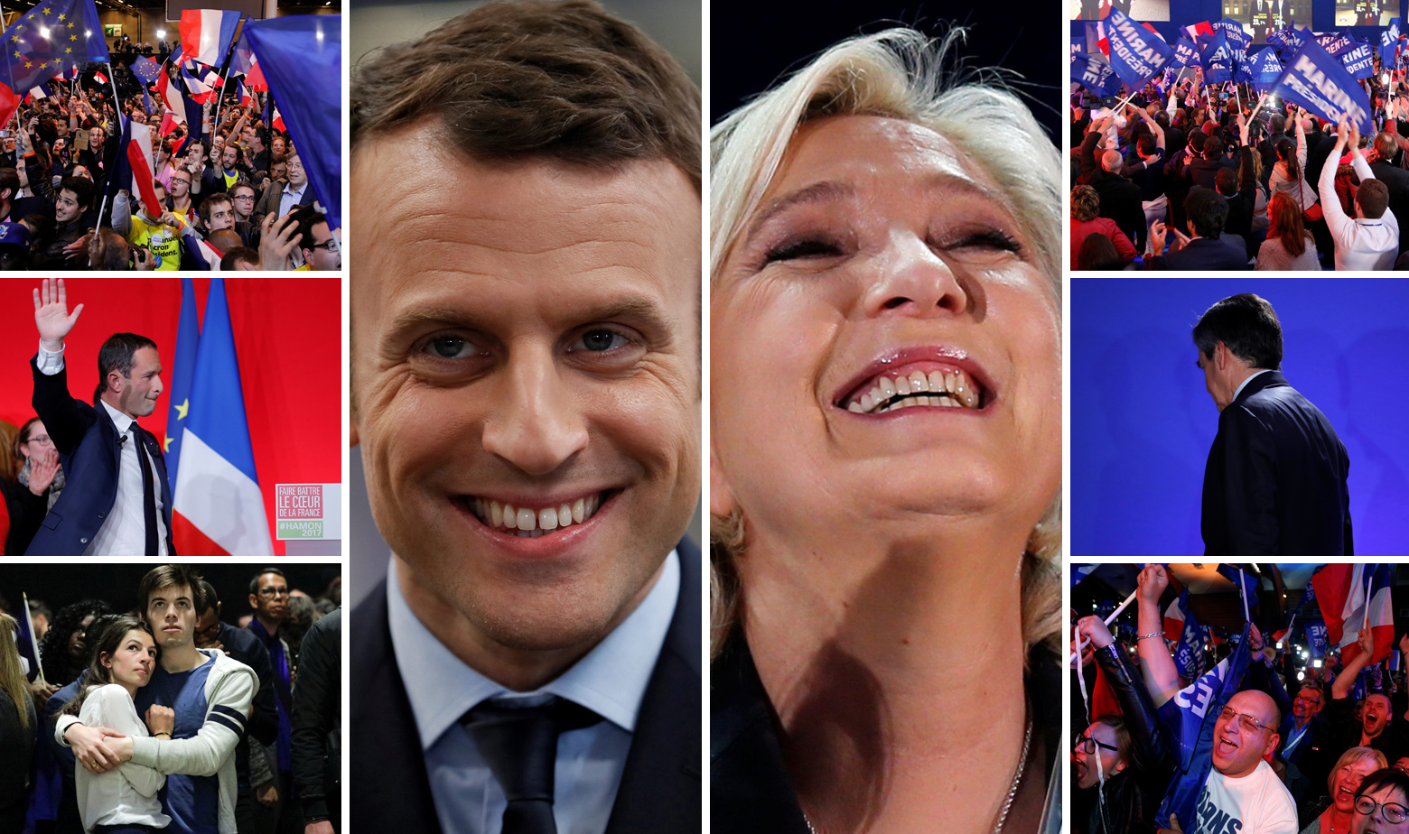 Lijevo: pristaše Macrona i kandidat socijalista Beonit Hamon, u sredini Emmanuel Macron i Marine Le Pen, desno pristaše Le Pen i kandidat republikanaca Fillon 