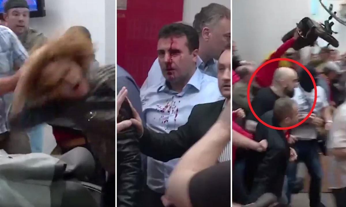 lijevo: Radmila Šekerinska, zastupnica SDSM-a, u sredini: Zoran Zaev, predsjednik SDSM-a, desno, u crvenom krugu: prosvjednik odjeven u majicu HOS-a