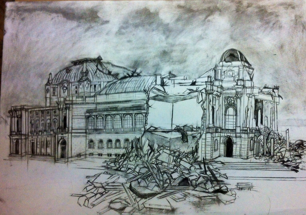 Crtež Maše Barišić koji prikazuje zgradu zagrebačkog HNK u urušenom obliku