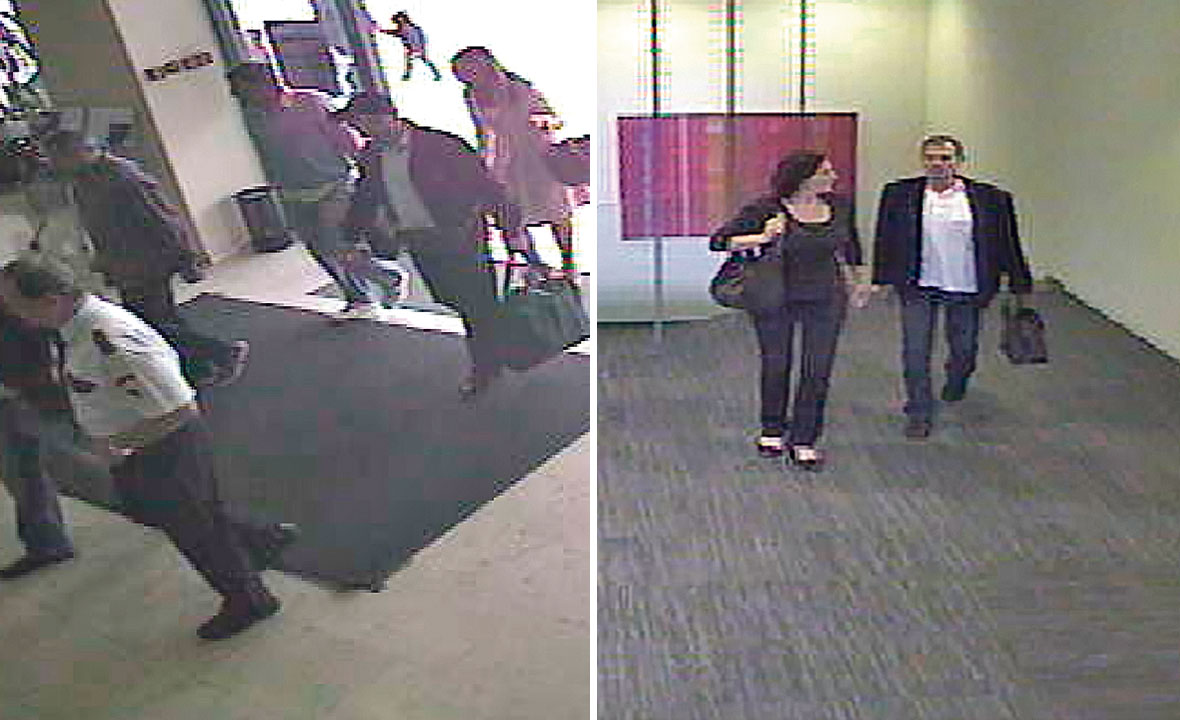 Robert Brus, Miro Vrlja i Mirjana Petrović unose u Hypo banku torbu sa 9,6 milijuna kuna. Ispred njih hodaju dvojica nepoznatih muškaraca (lijevo); Mirsad Dročić dolazi u banku te s računa  podiže novac (desno)