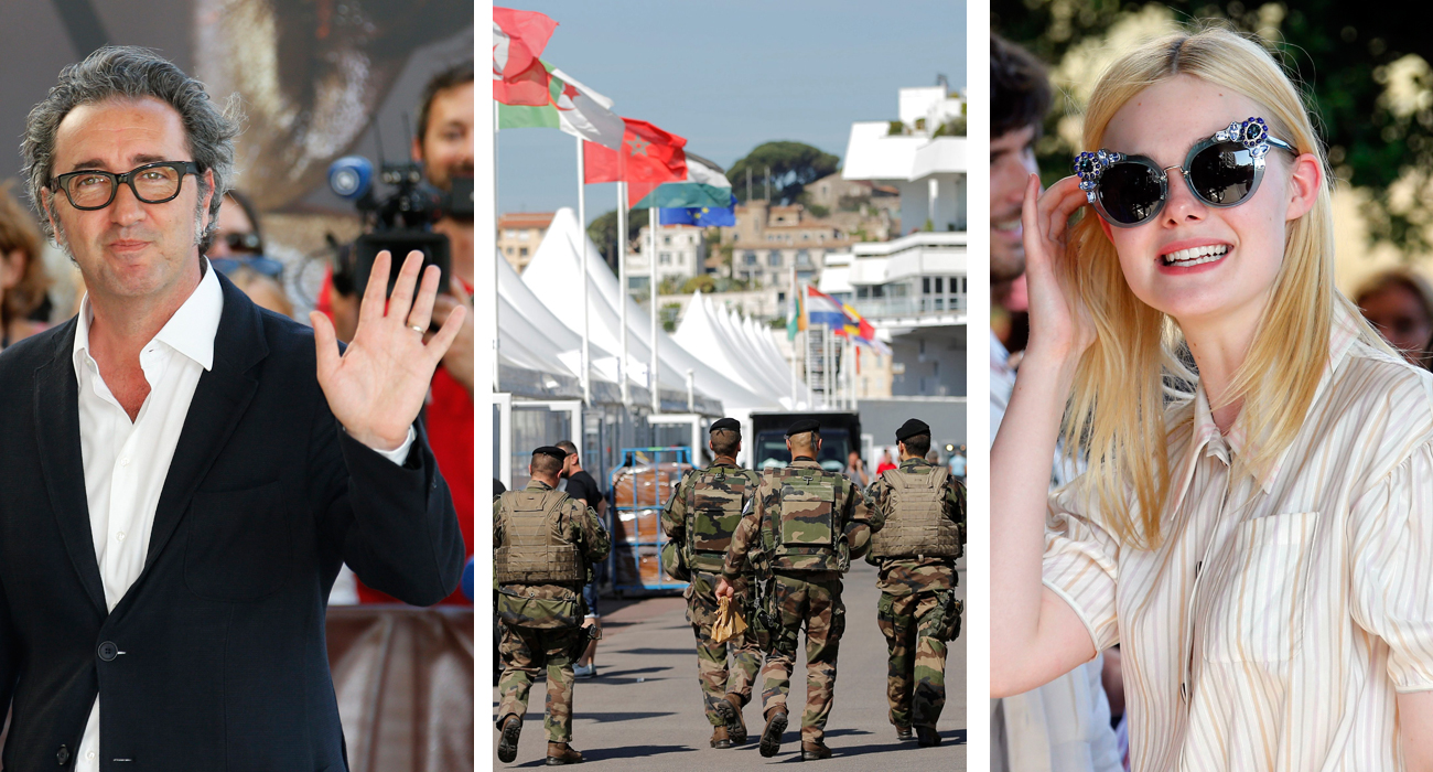 Na fotografiji: član žirija Paolo Sorrentino; vojnici u patroli pored festivalske palače; glumica Elle Fanning 