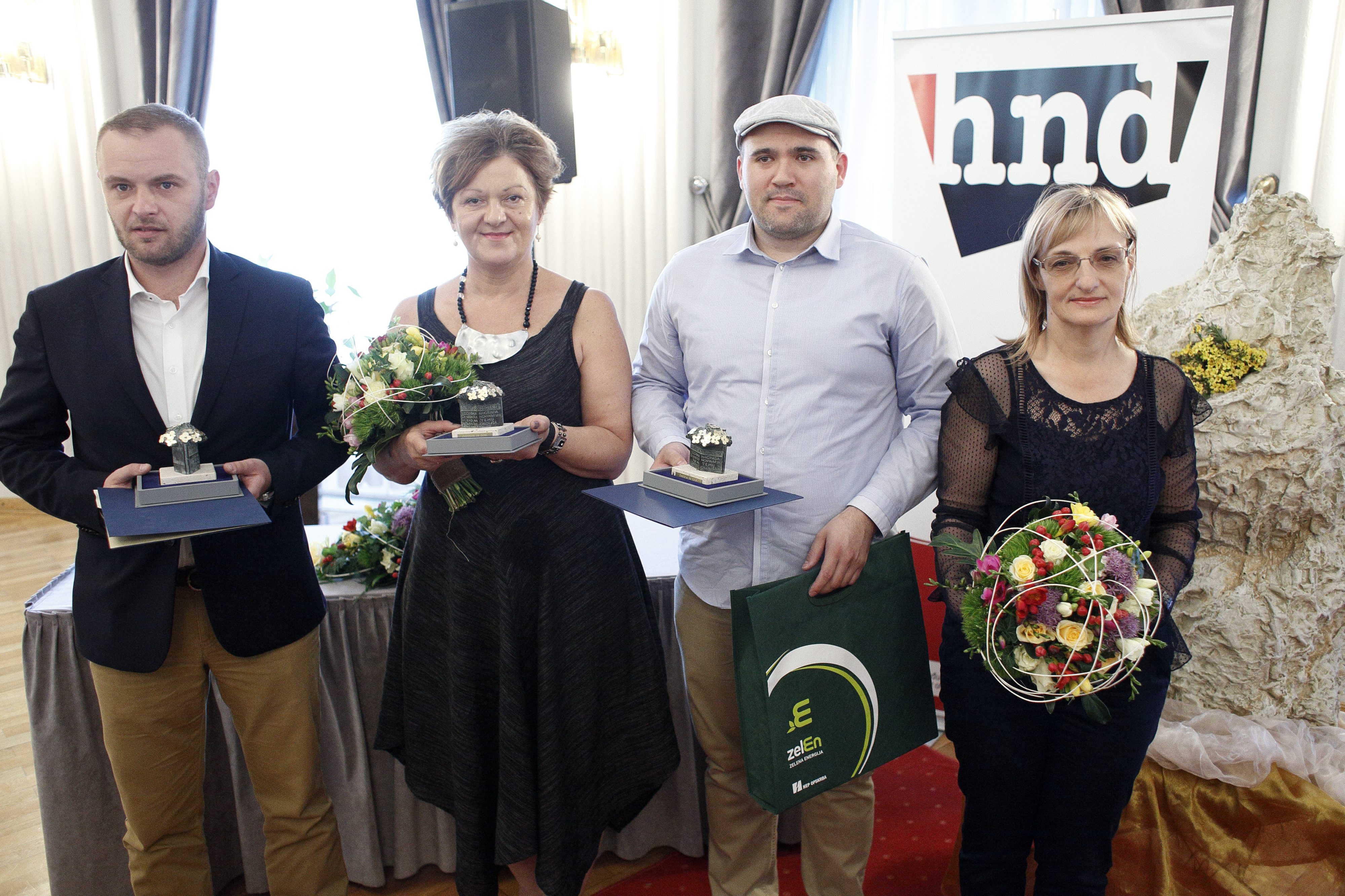 Na fotografiji: dobitnici nagrada - novinar Nove TV Ivan Čorkalo, novinarka Jutarnjeg lista Tanja Rudež, fotoreporter časopisa Sensa Mirko Janković.