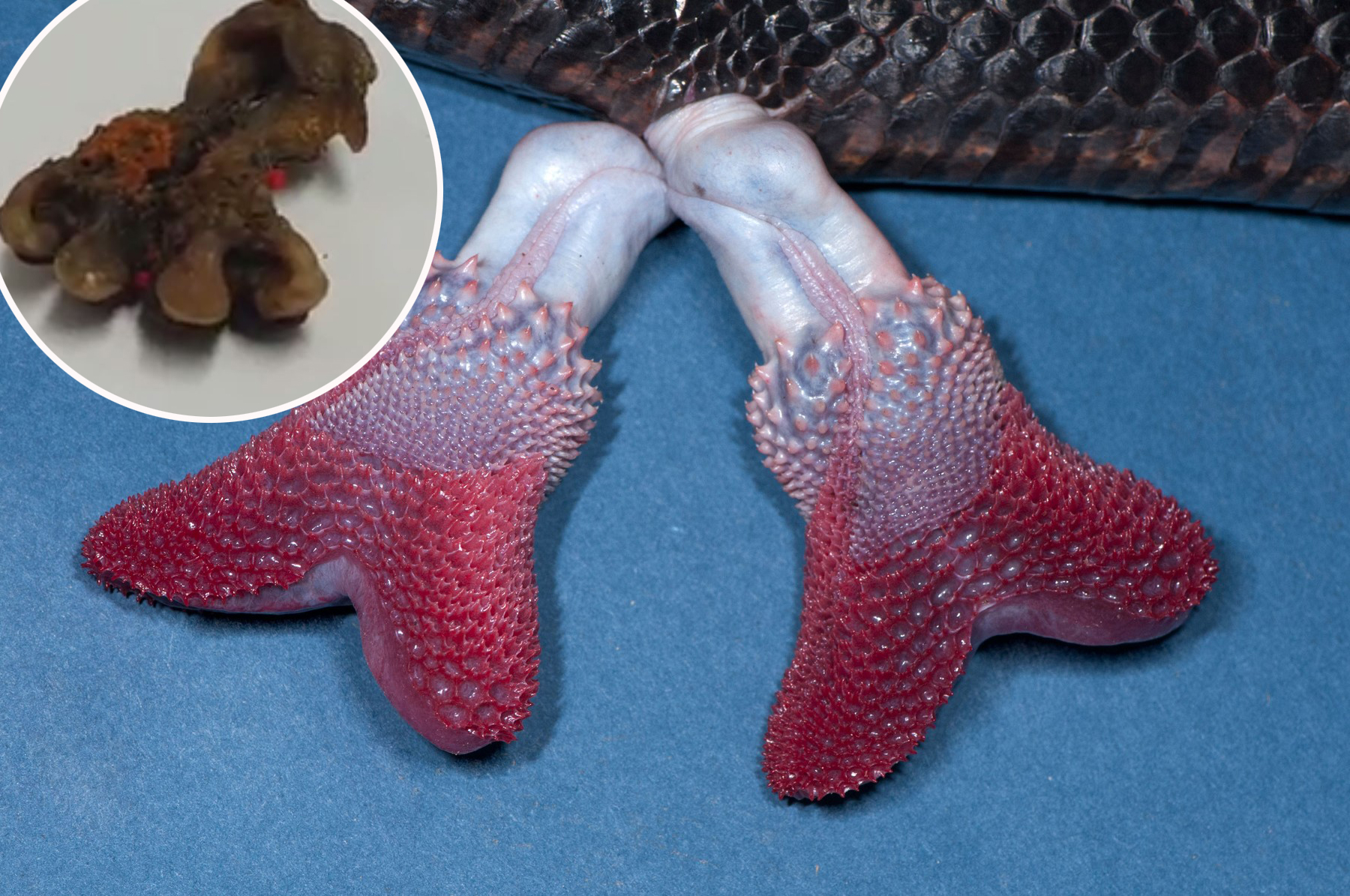 Ilustrativna fotografija hemipenisa zmije štakorašice, kakav imaju i gušteri; u krugu: hatha jodhi