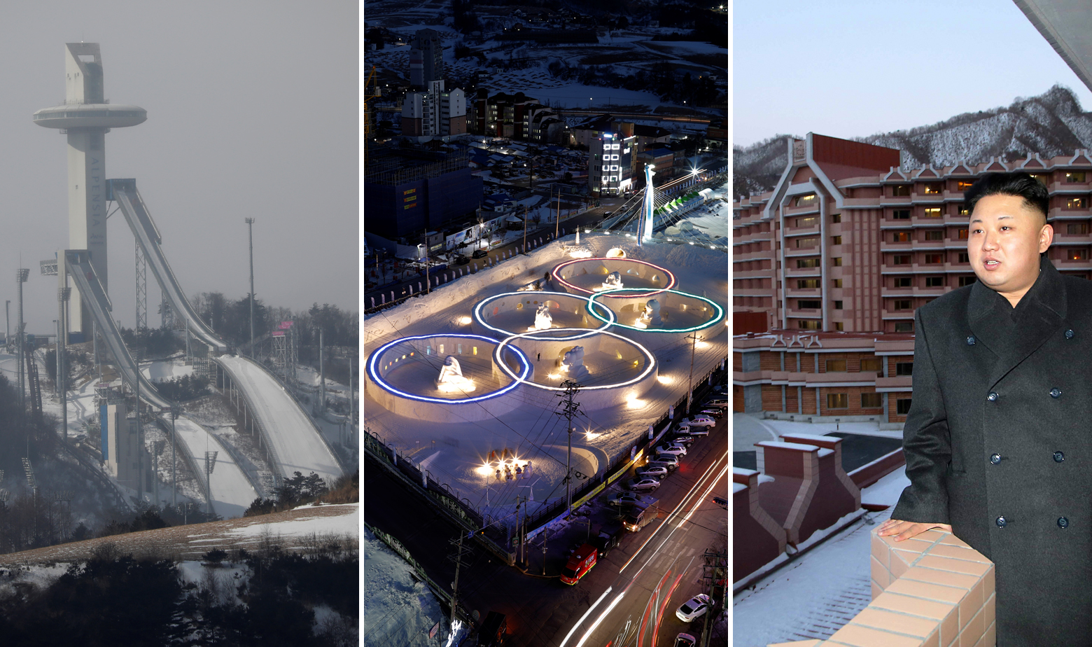 S lijeva na desno: PyeongChang skakaonice i olimpijski krugovi, Masikryong skijalište u Sjevernoj Koreji 