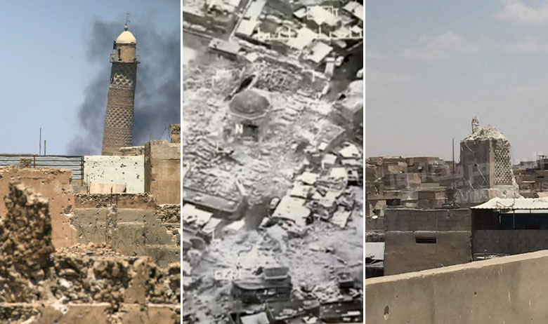 Džamija al-Nuri prije i nakon uništenja kosog minareta