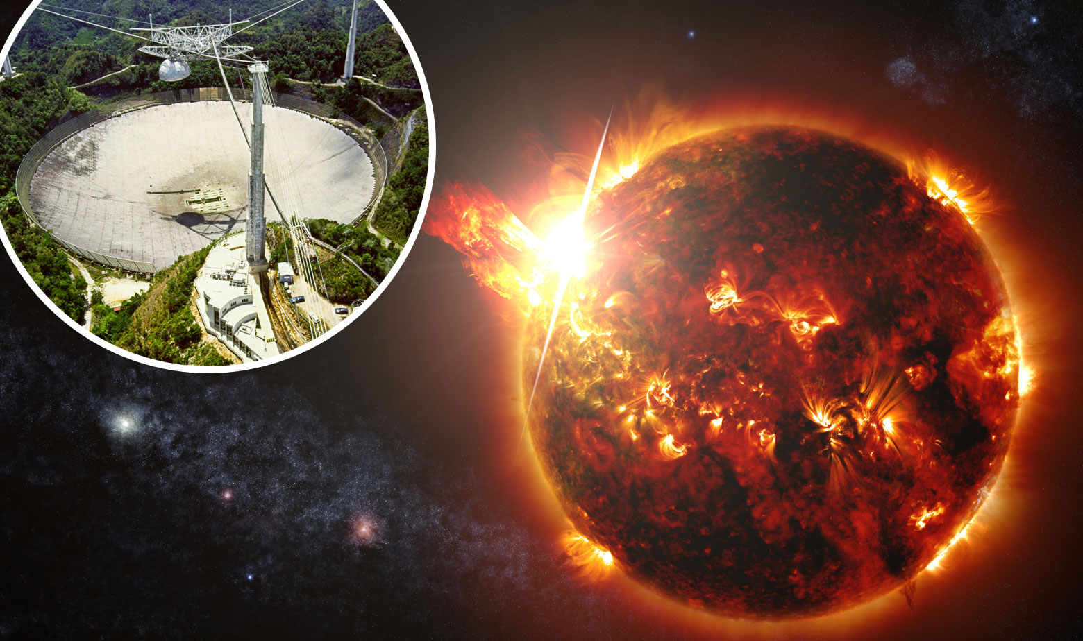 Ilustracija: Arecibo teleskop u Puerto Ricu (u krugu); baklja crvenog patuljka