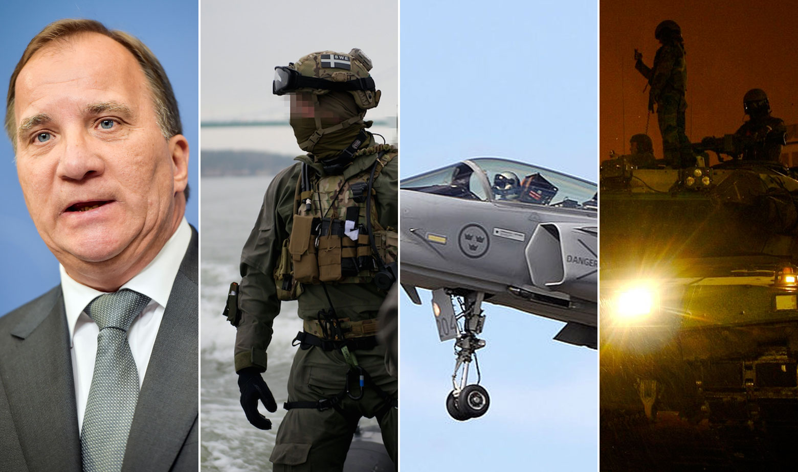 Švedski premijer Stefan Lofven, pripadnik specijalnih postrojbi na amfibijskoj vježbi, pilot ratnog zrakoplovstva u avionu JAS-39 Gripen, posada švedske inačice tenka Leopard 2