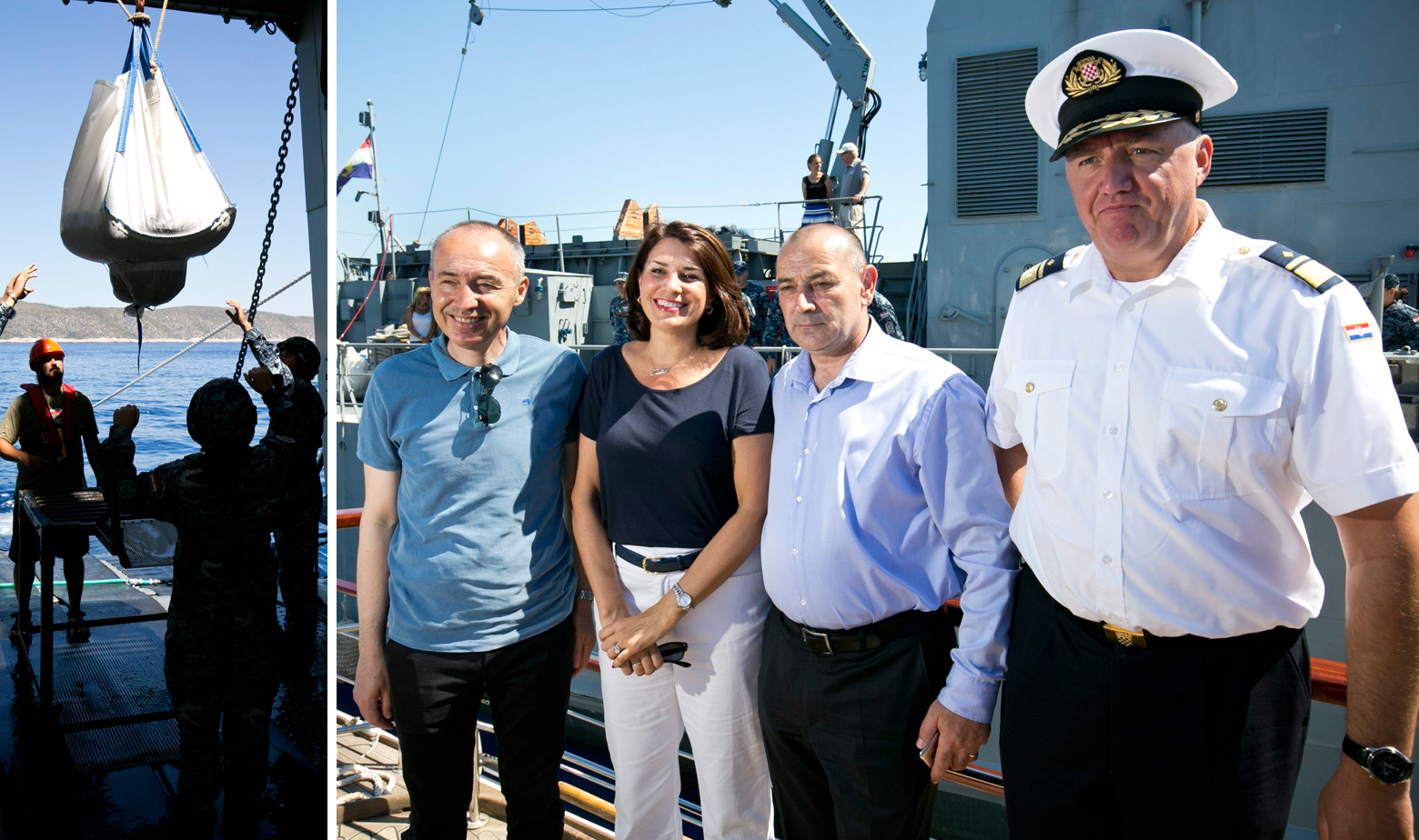 Na fotografiji: Materija s dna mora spušta se na palubu broda, ministar obrane Damir Krstičević, američka ambasadorica Julieta Valls Noyes, ministar branitelja Tomo Medved i zapovjednik HRM-a Predrag Stipanović