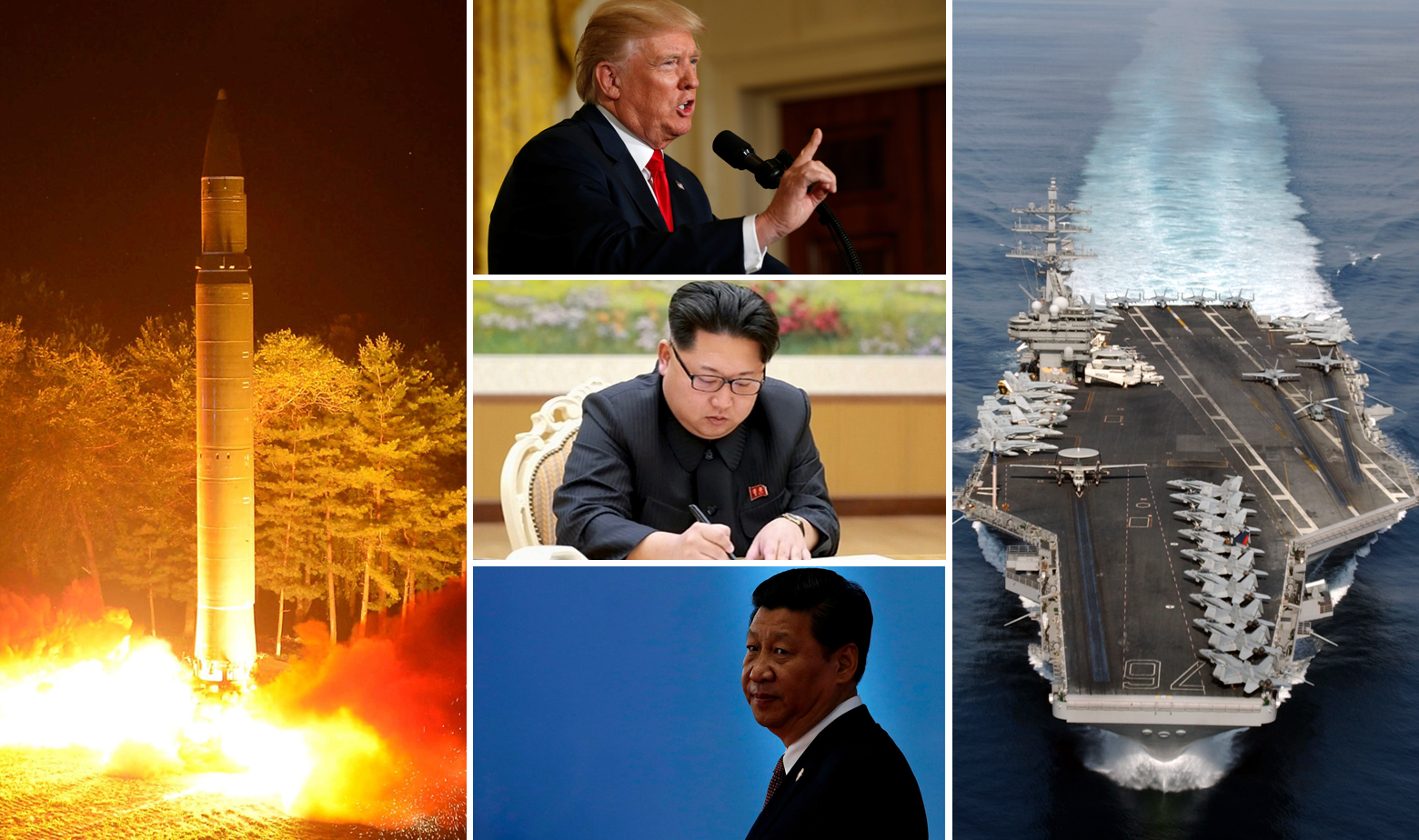 S lijeva na desno: Interkontinentalni balistički projektil Sjeverne Koreje Hwasong-14, Donald Trump, Kim Jong-un i Xi Jinping, nosač zrakoplova USS Ronald Reagan 