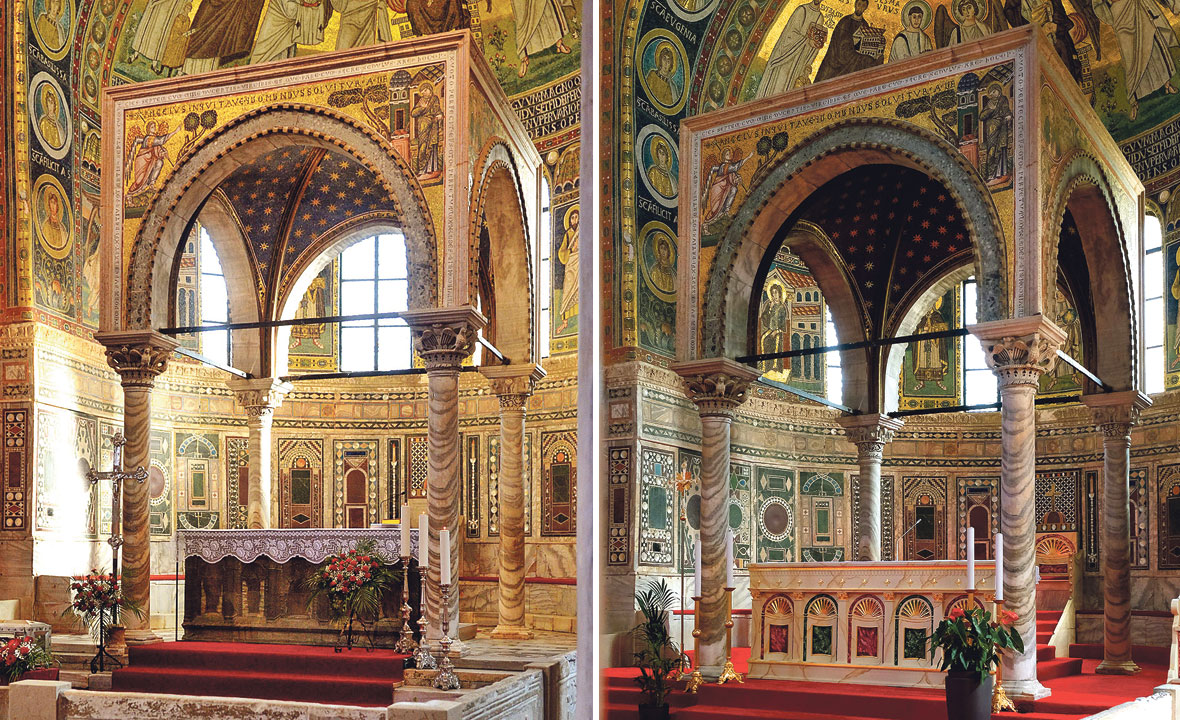 Eufrazijeva bazilika prije (lijevo) i poslije (desno)