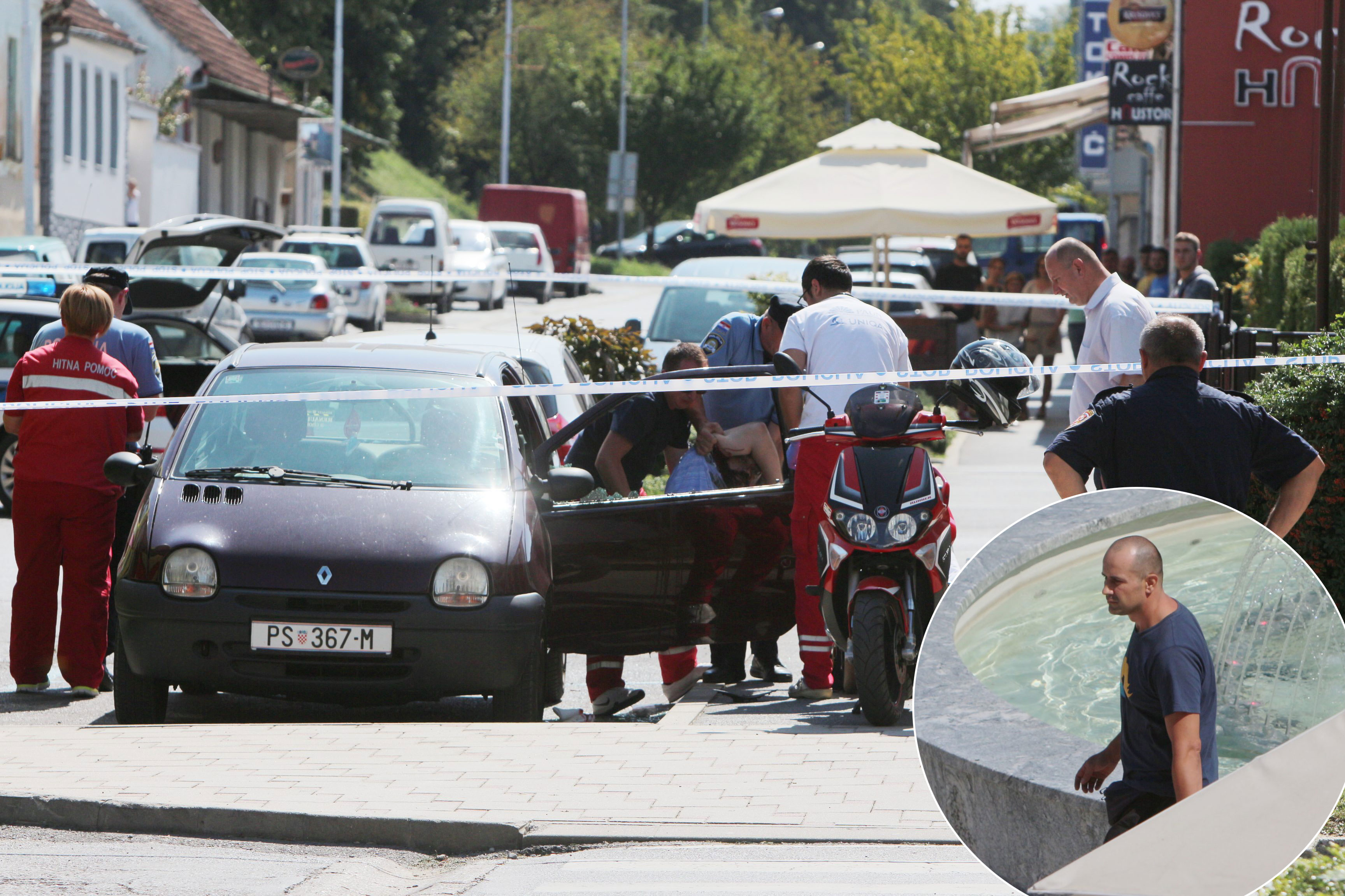 na fotografiji: djelatnici Hitne pomoći i policije izvlače žrtvu iz automobila, u krugu: osumnjičeni napadač