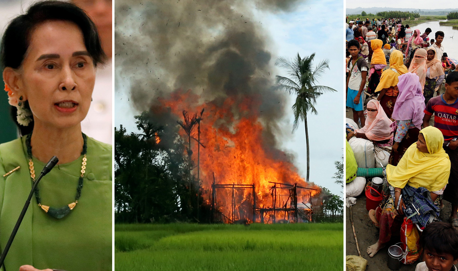 Aung San Su Kyi, spaljena kuća Rohingya u Mjanmaru i izbjegli Rohingye u Bangladešu 