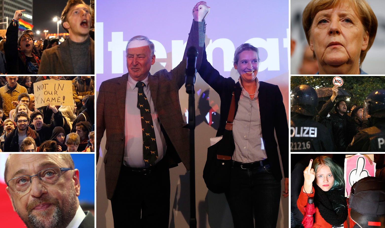 Lijevo: Prosvjedi u Berlinu protiv AfD-a i Martin Schulz. U sredini: Alexander Gauland i Alice Weidel iz AfD-a slave rezultat na izborima. Desno: Angela Merkel i prosvjedi u Berlinu protiv AfD-a